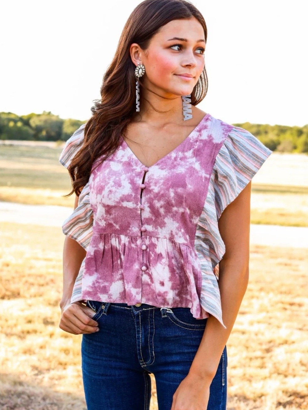 Mauve Tie Dye Flutter Sleeve Boho Babydoll Blouse Western Boutique Cottagecore